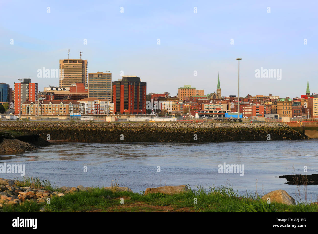 View of Saint John, New Brunswick, in the evening on the Bay of Fundy in the Maritime Provinces of Canada Stock Photo