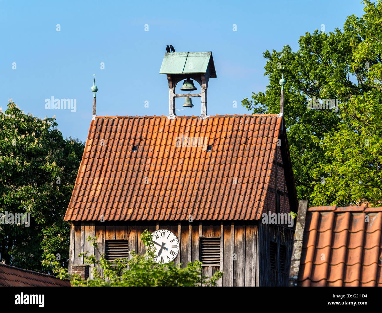 Bell tower, Kloster Wienhausen monastery, half-timbered, near  the mill pond, Wienhausen near Celle, Lower Saxony, Germany Stock Photo