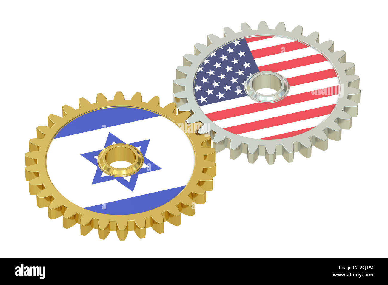 Israel and United States relations concept, flags on a gears. 3D rendering isolated on white background Stock Photo
