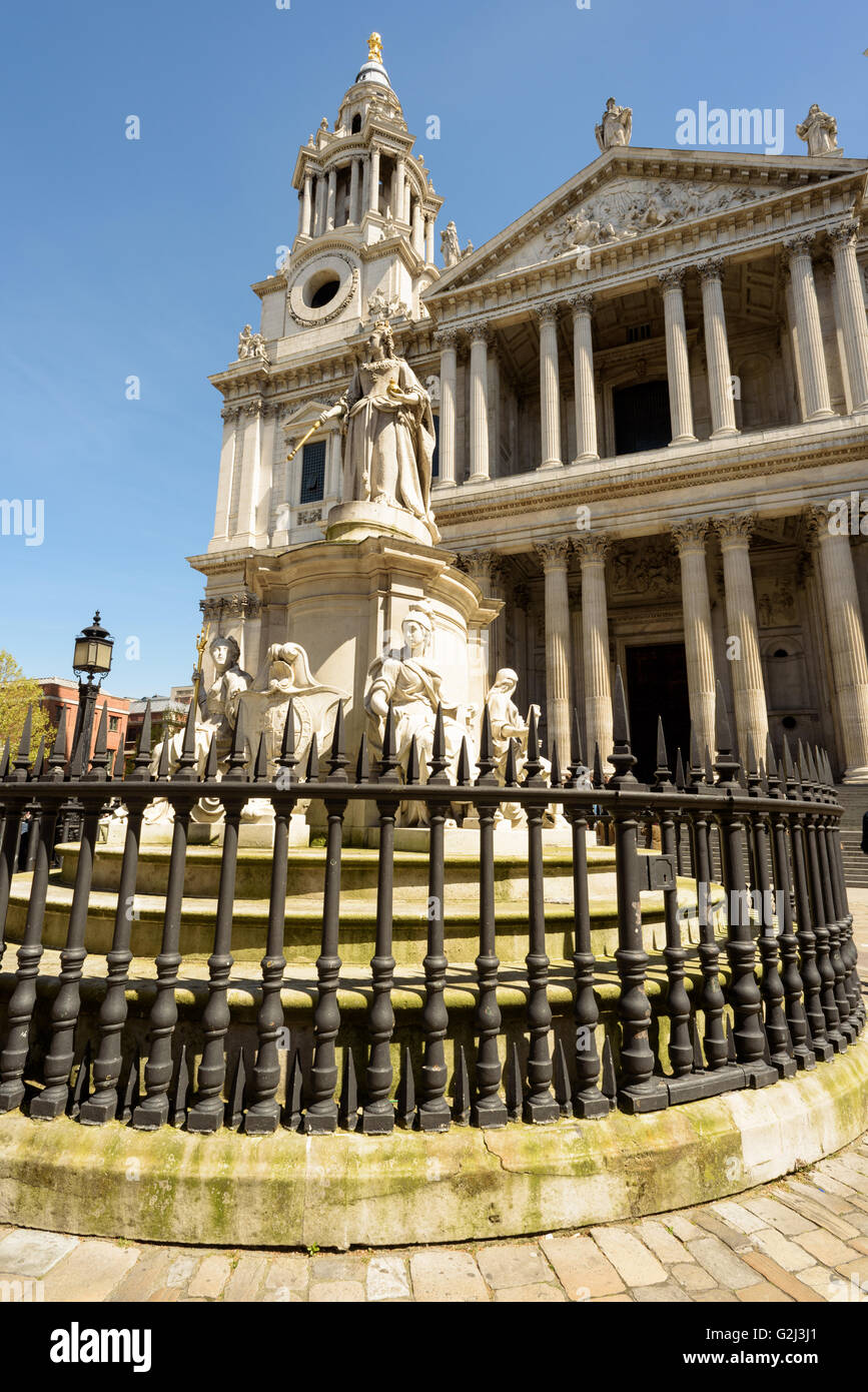 St Paul’s Cathedral on a bright summer’s day with sunshine originally designed by Sir Christopher Wren. Without people, nobody. Stock Photo