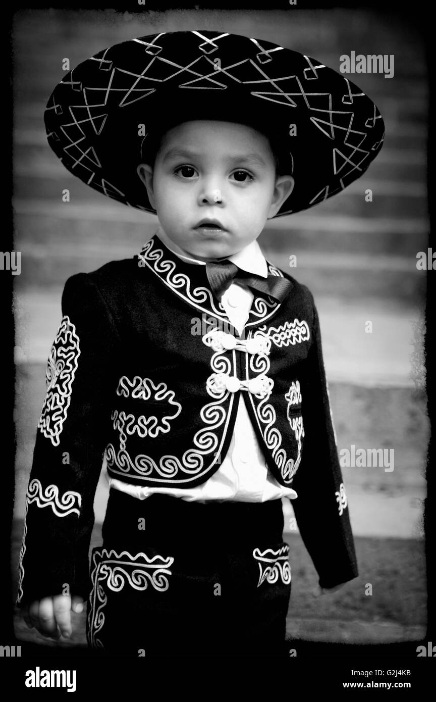 Small Boy Wearing Mariachi Costume, Close-Up Stock Photo