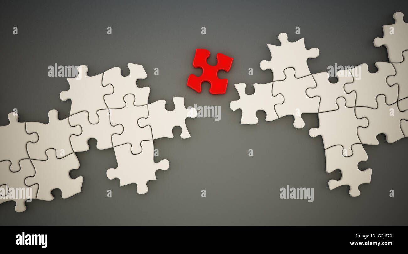 Red puzzle part standing between white puzzle parts. 3D illustration. Stock Photo