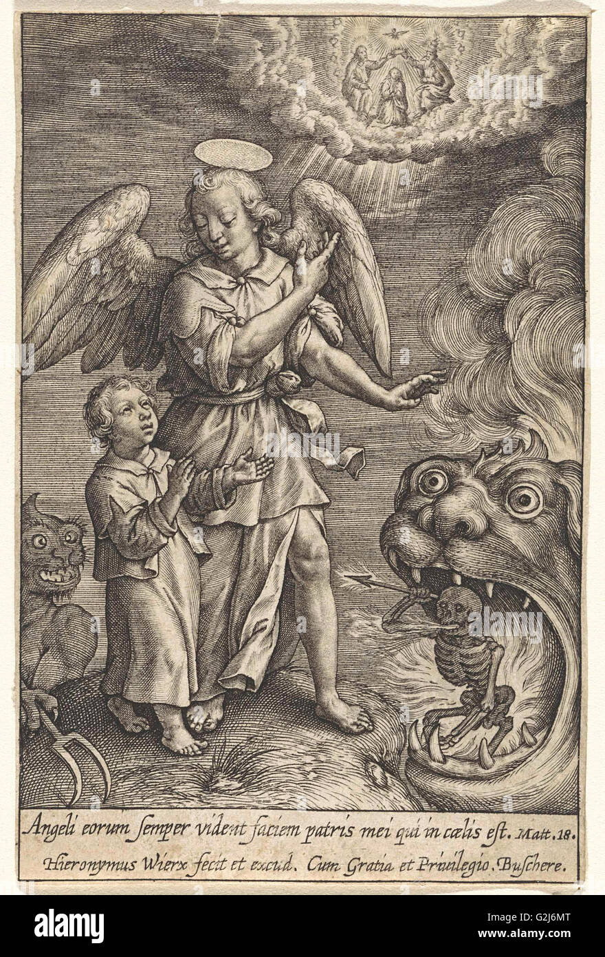 Child with guardian angel, Hieronymus Wierix, 1563 Stock Photo
