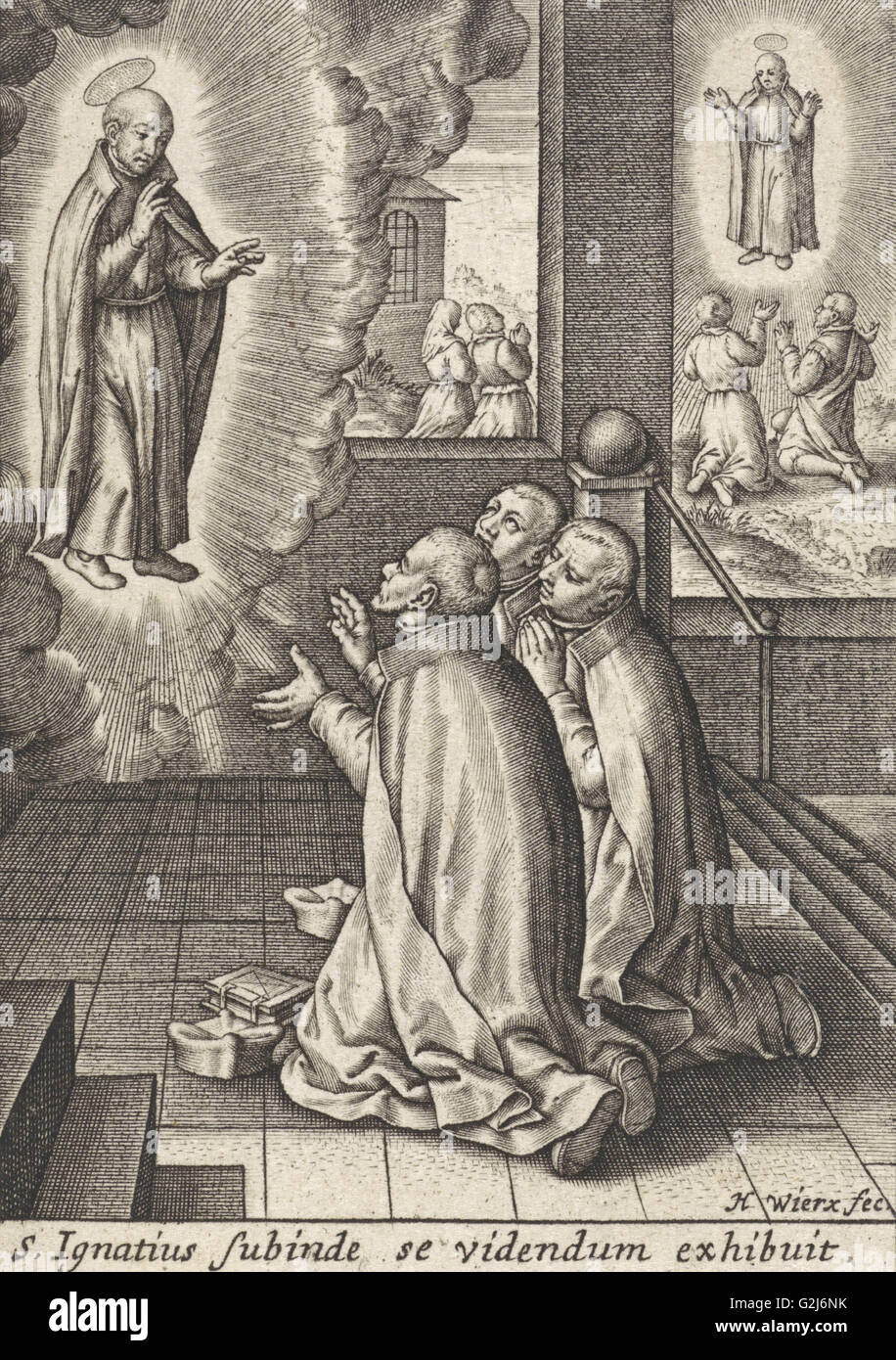 Appearance of Ignatius Loyola to three Jesuits, Hieronymus Wierix, after 1613 - 1619 Stock Photo