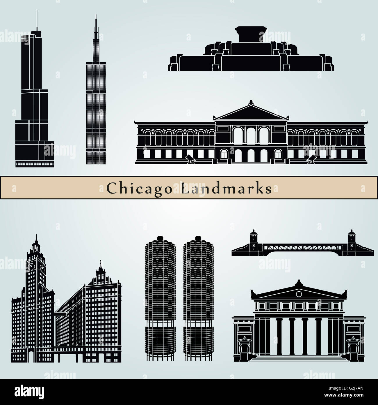Chicago landmarks and monuments isolated on blue background in editable vector file Stock Photo