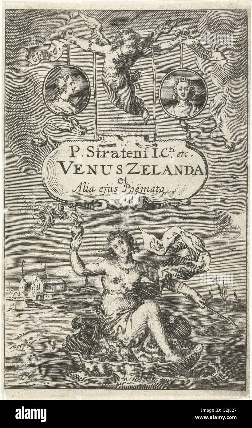Venus on a shell with burning heart and arrow, floating off the coast of Zeeland, topped by two medallions Stock Photo