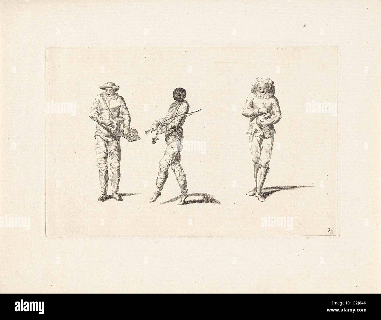Harlequin and two jesters making music, Anonymous, Gerardus Josephus Xavery, Pieter Schenk (I), 1728 Stock Photo