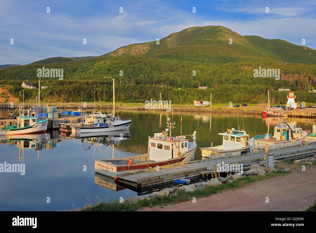 Fishing boats on Cape Breton Pleasant Bay Nova Scotia Canada Stock