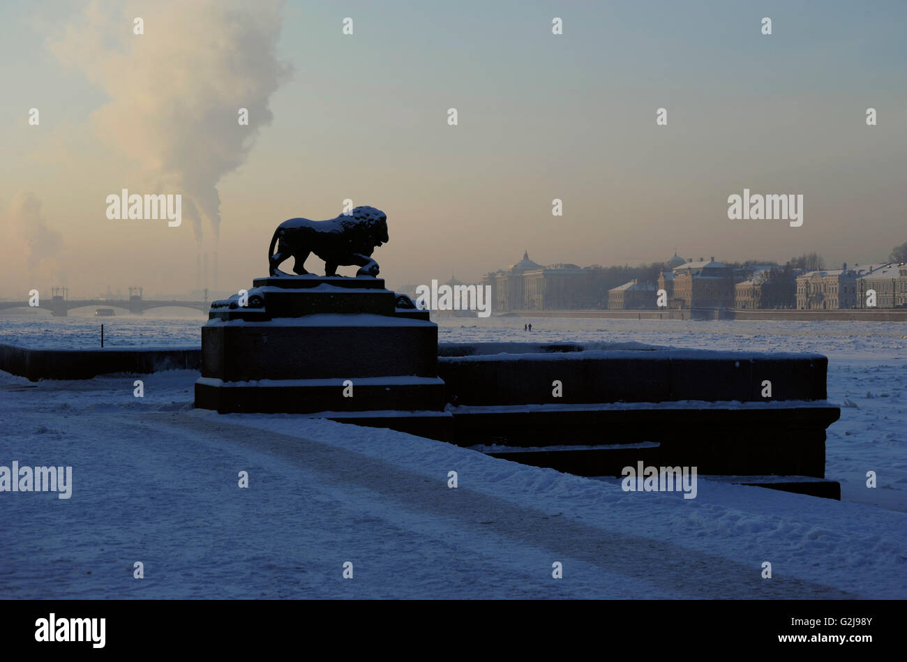 Russia. St. Petersburg. Lions on Palace Pier. Bronze. Made by the sculptor Ivan Prokofiev (1758-1828). Embankment. Stock Photo