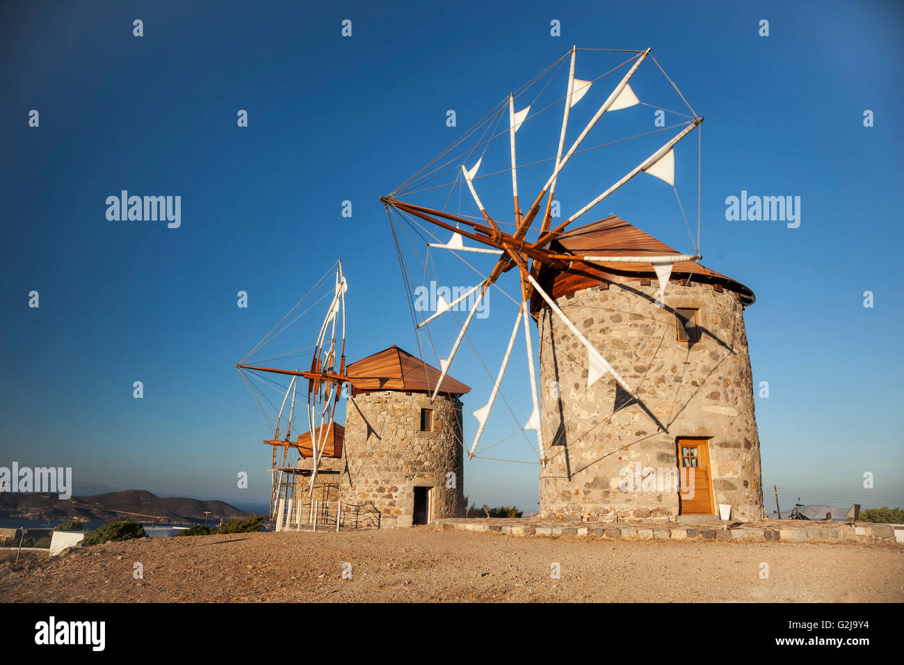 Windmills of the Monastery of St.John the Theologian, Patmos, Dodecanese, Greece Stock Photo
