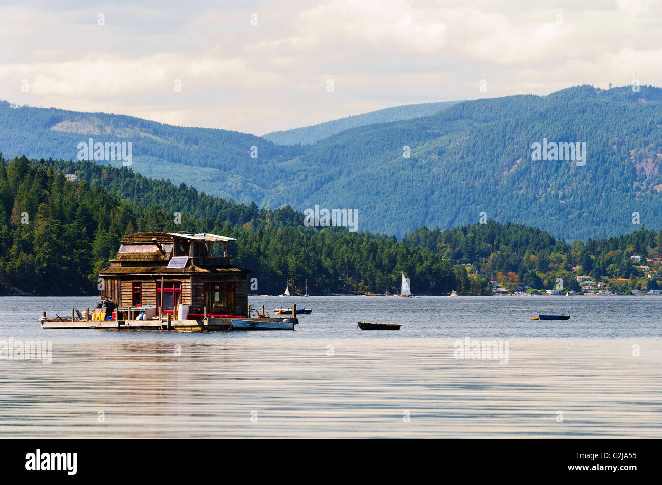 A float home anchored in Burgoyne Bay in Salt Spring Island, British