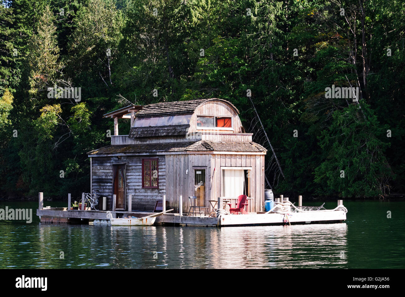 A float home anchored in Burgoyne Bay in Salt Spring Island, British