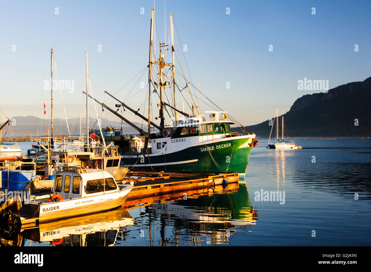 The fishing vessel, Double Decker, moored in Cowichan Bay near Duncan, British Columbia. Stock Photo