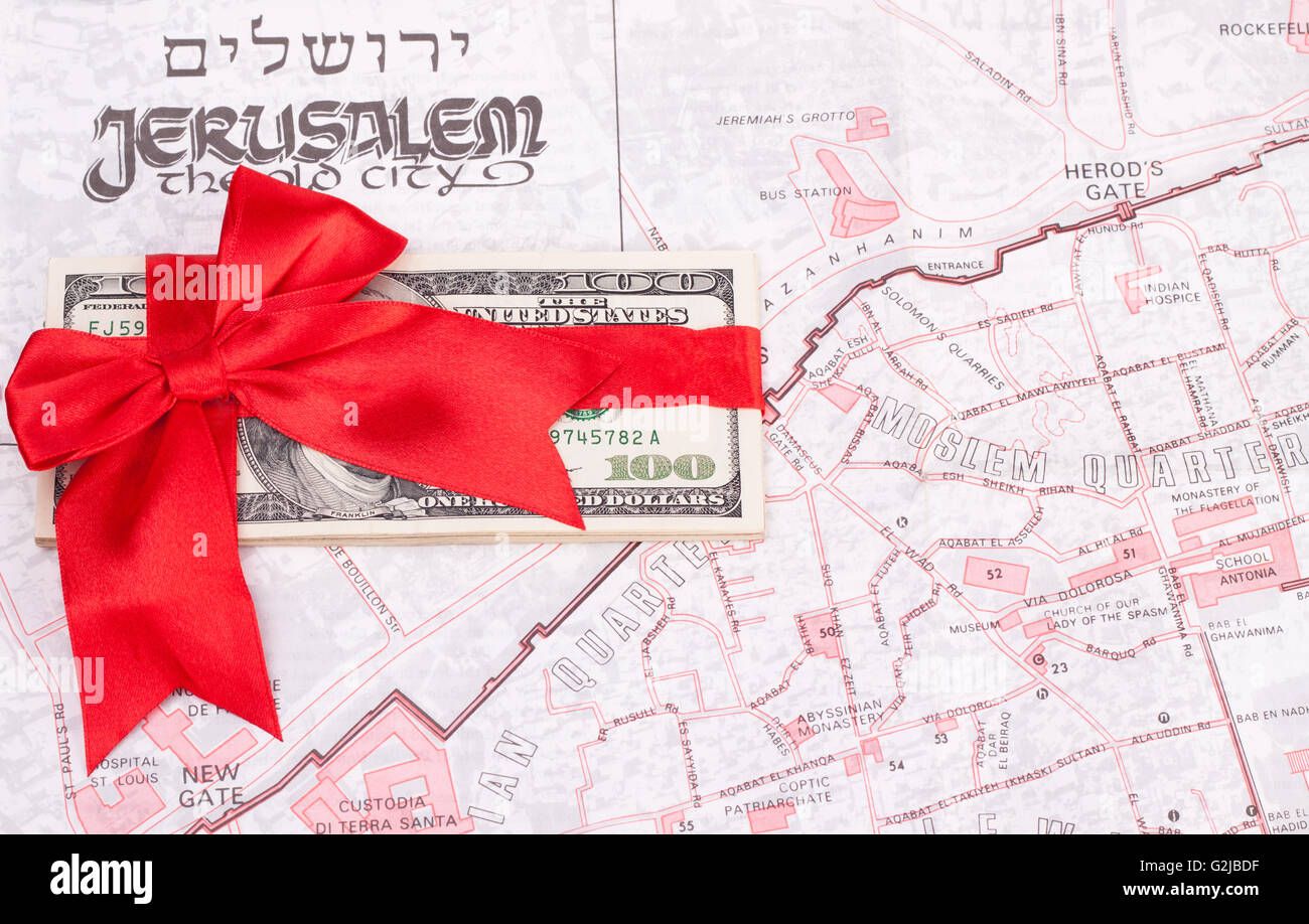 old jerusalem map with dollar and red ribbon Stock Photo