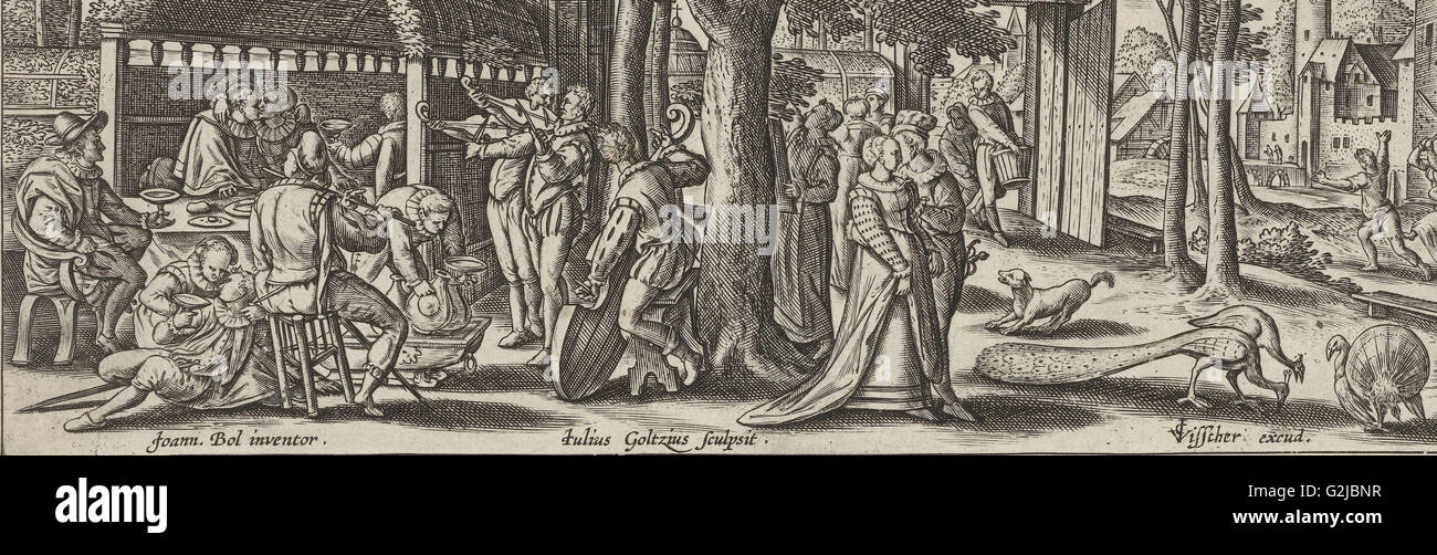 The prodigal son squanders his money, Julius Goltzius, Claes Jansz. Visscher (II), c. 1560 - 1595 Stock Photo