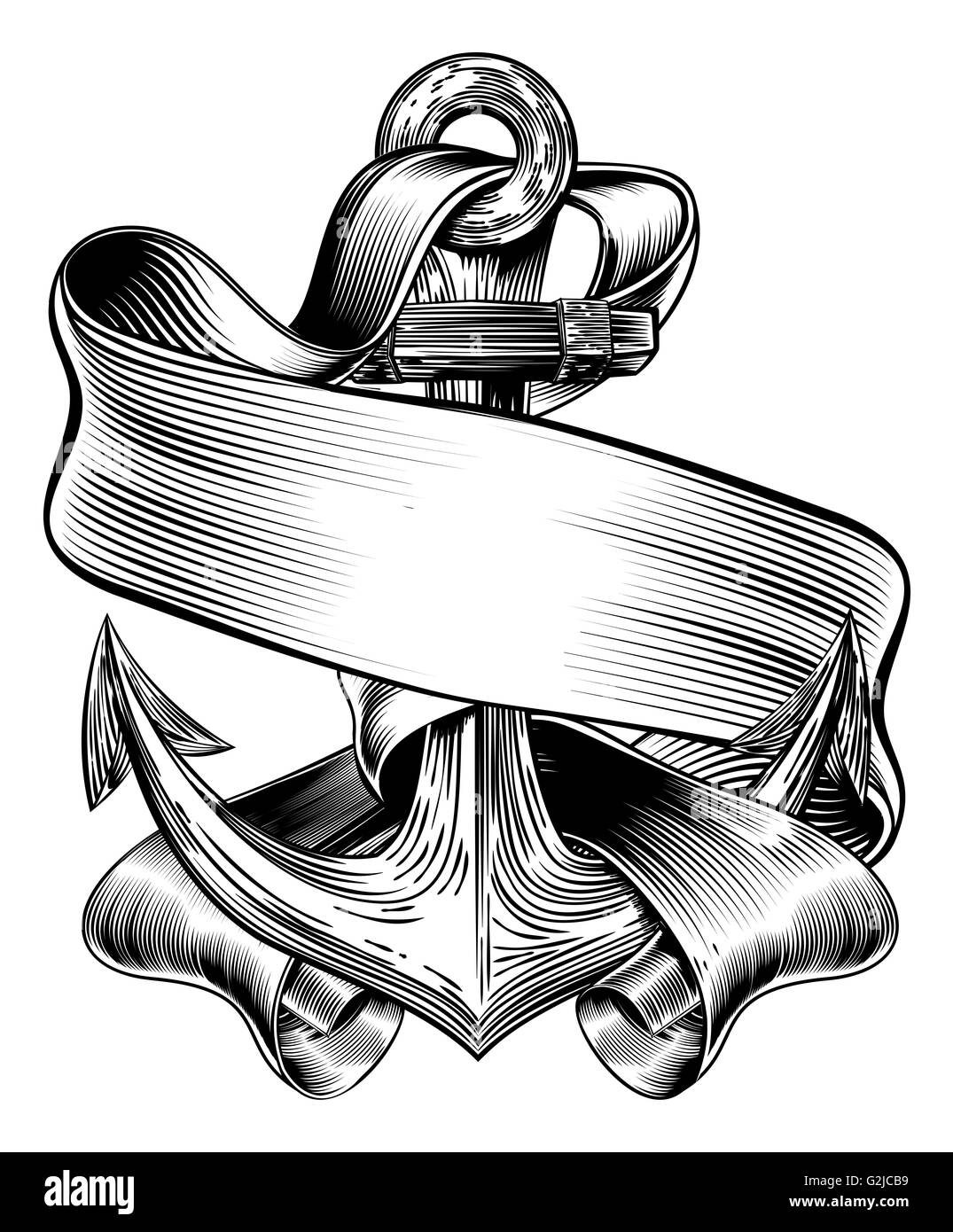 An original  illustration of a ships anchor and scroll banner in a vintage woodcut woodblock style Stock Photo