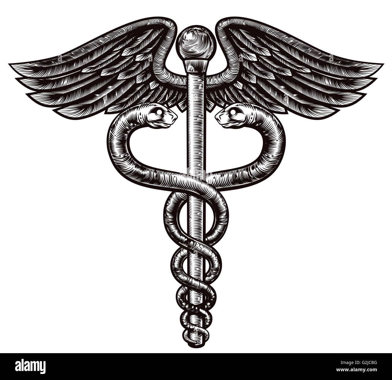 An illustration of the caduceus symbol of two snakes intertwined around a winged rod in a vintage woodcut style. Associated with Stock Photo