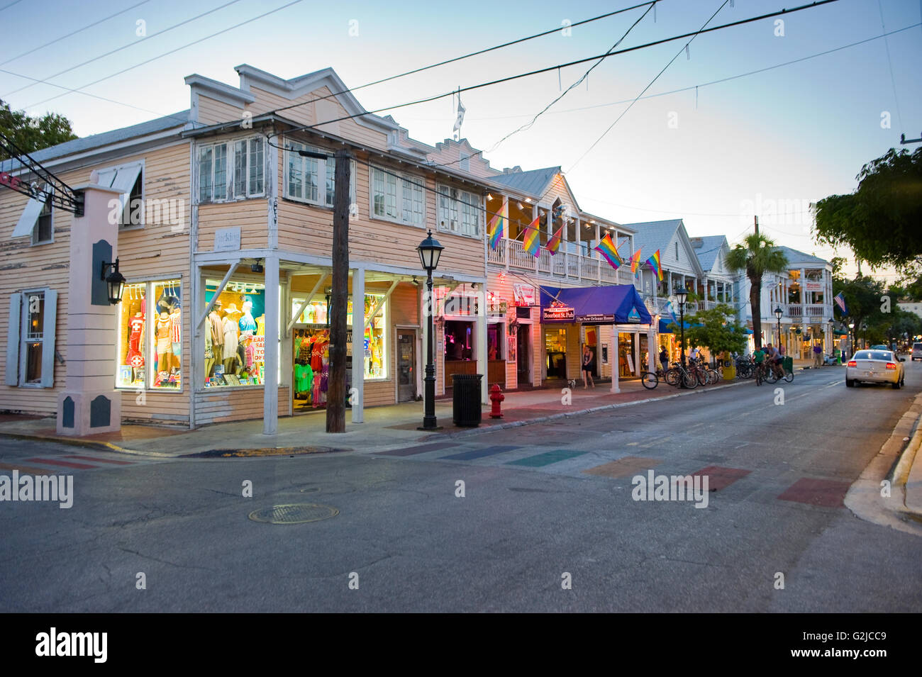 KEY WEST, FLORIDA, USA - MAY 01, 2016: Shops in the twilight in Duval street in the center of Key West Stock Photo