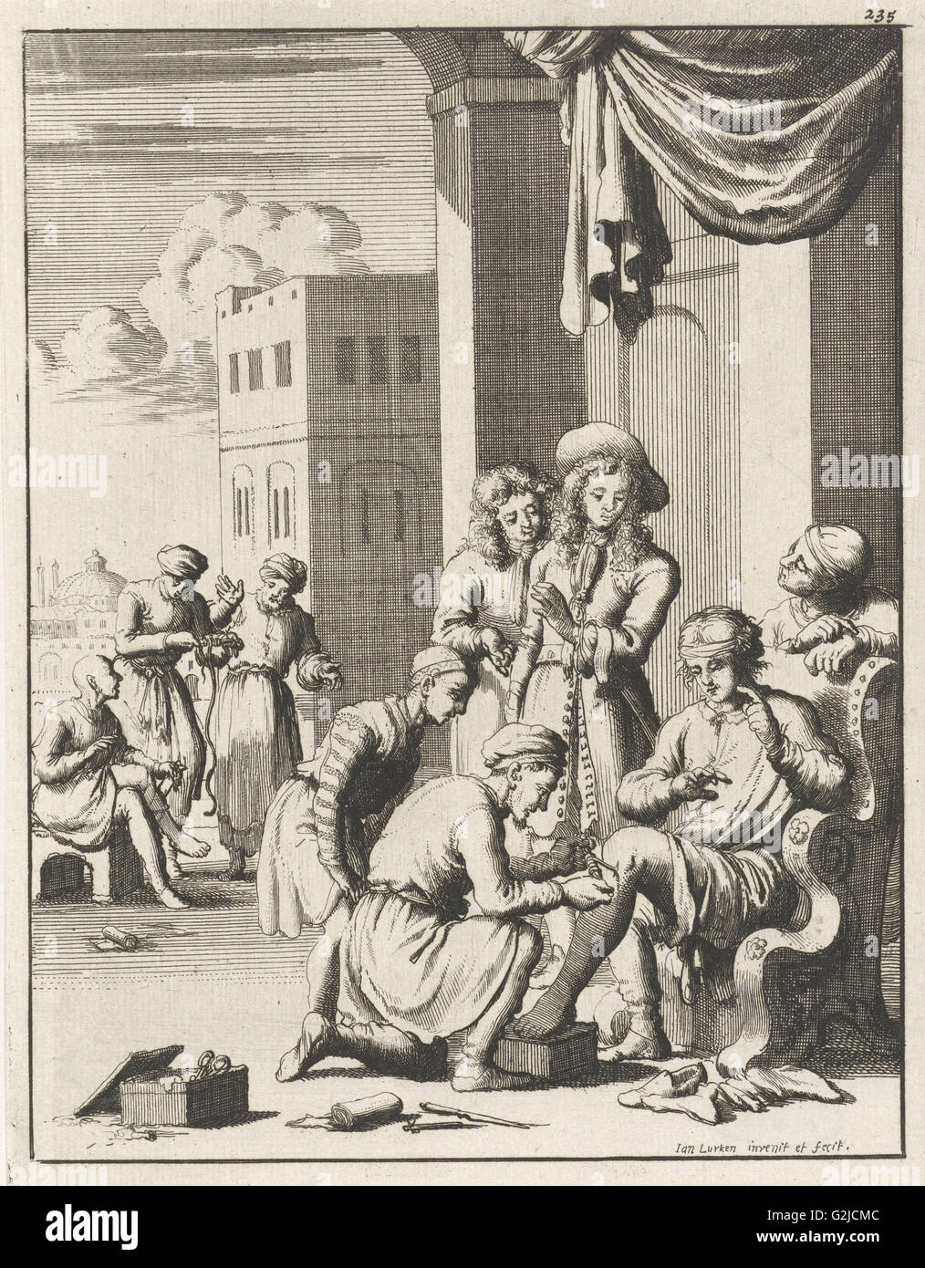 Surgery to remove worms from a leg at Bender Abassi, Jan Luyken, 1682 Stock Photo