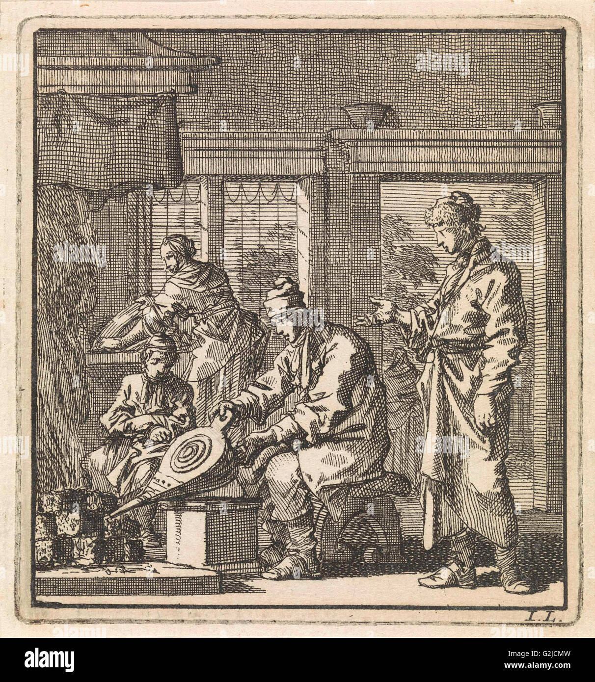 Man stokes the fire with a bellows, Jan Luyken, wed. Pieter Arentsz & Cornelis van der Sys (II), 1711 Stock Photo