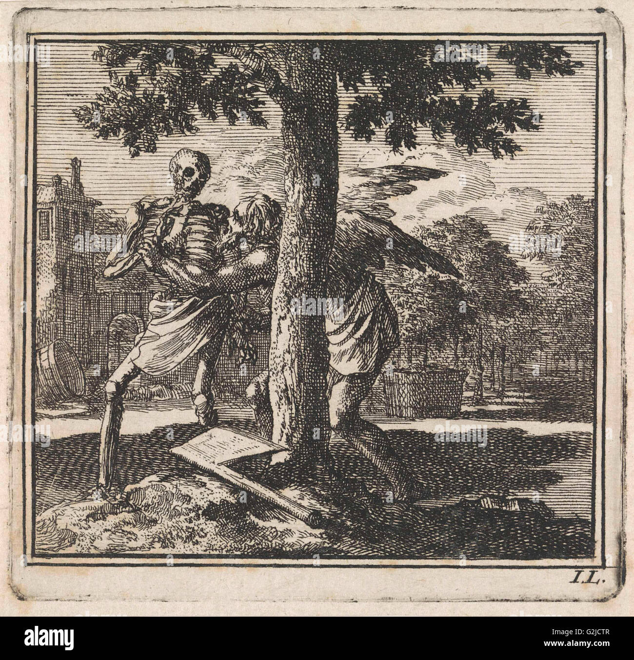 Father Time keeps death from chopping down a tree, Jan Luyken, wed. Pieter Arentsz & Cornelis van der Sys (II), 1710 Stock Photo