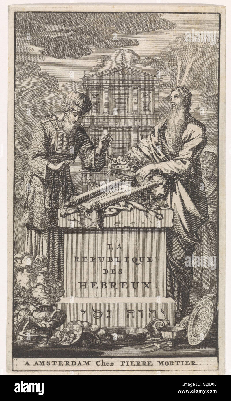 Moses and Aaron standing behind an altar, print maker: Jan Luyken, Pieter Mortier, 1705 Stock Photo