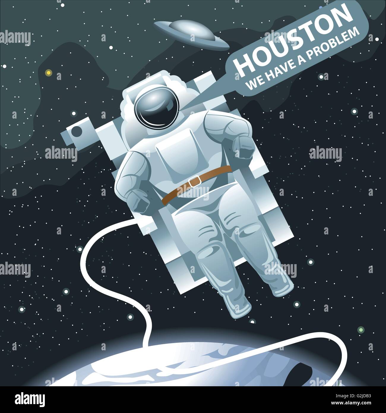 Astronaut in spacesuit flying in space and calling for Houston. Background with stars, planets and galaxies. Digital vector imag Stock Vector
