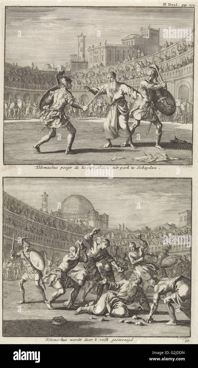 Holy Telemachus of Rome interrupts a gladiatorial combat, and the stoning of Saint Telemachus, Jan Luyken Stock Photo