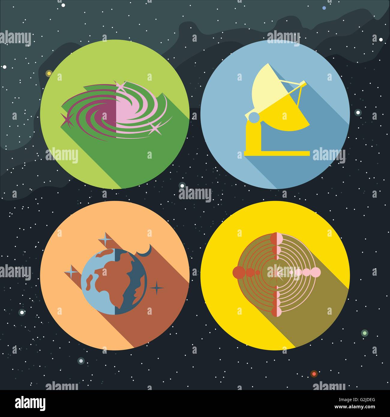 Space icons set with stars and galaxies, planet earth, antenna and radar. Digital vector image. Stock Vector