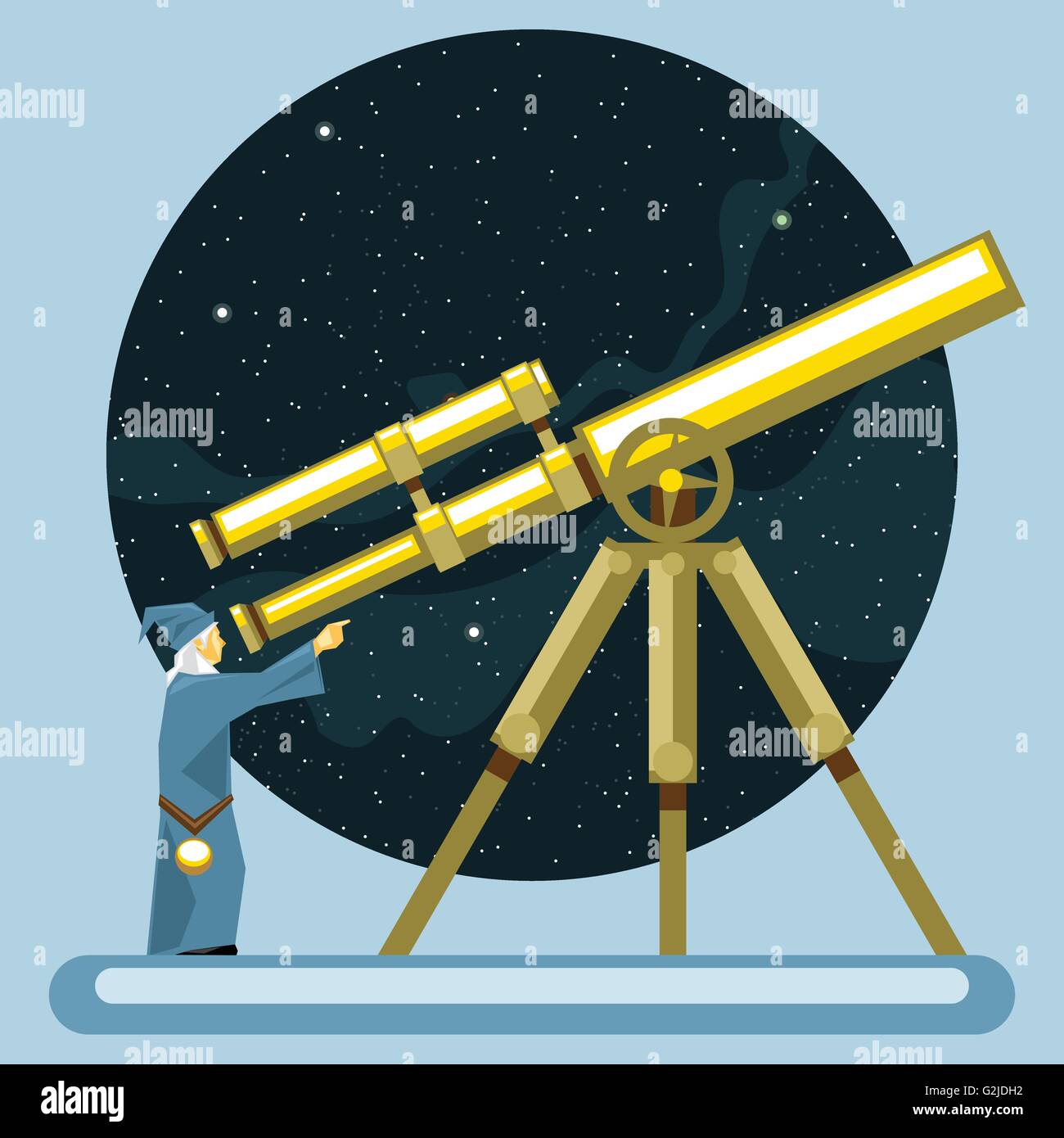 Ancient mag looking into a telescope and pointing with hand, observing stars, planets and galaxies. Digital vector image. Stock Vector