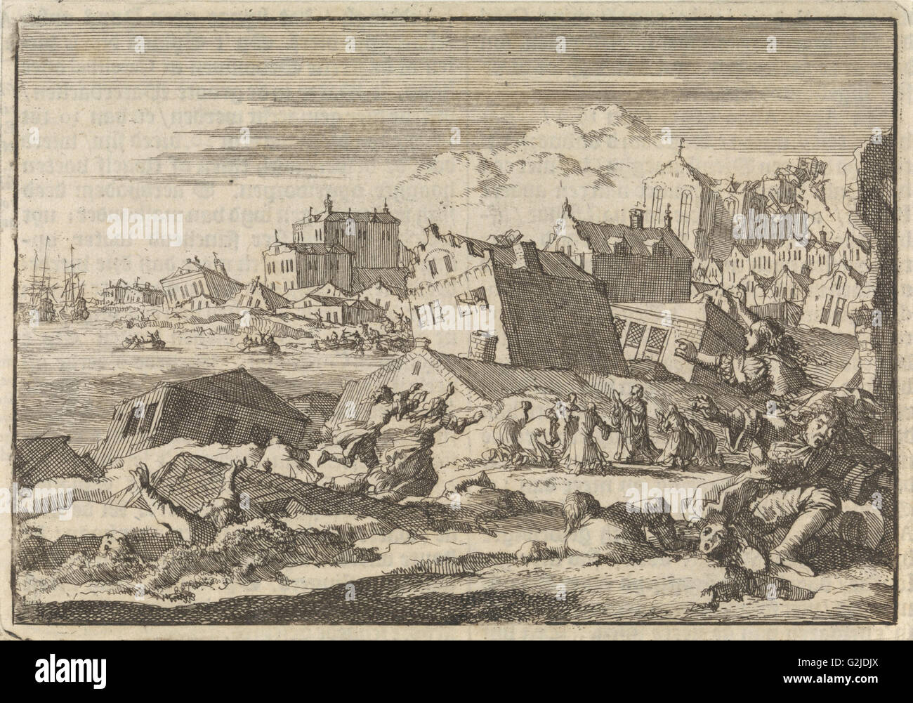 Earthquake in Jamaica where the city Port Royal is destroyed, 1615, Jan Luyken, Pieter van der Aa I, 1698