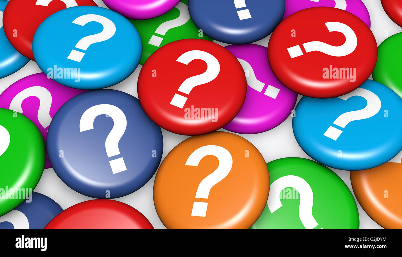 Question mark symbol and icon on scattered colorful badges customer business questions concept illustration. Stock Photo