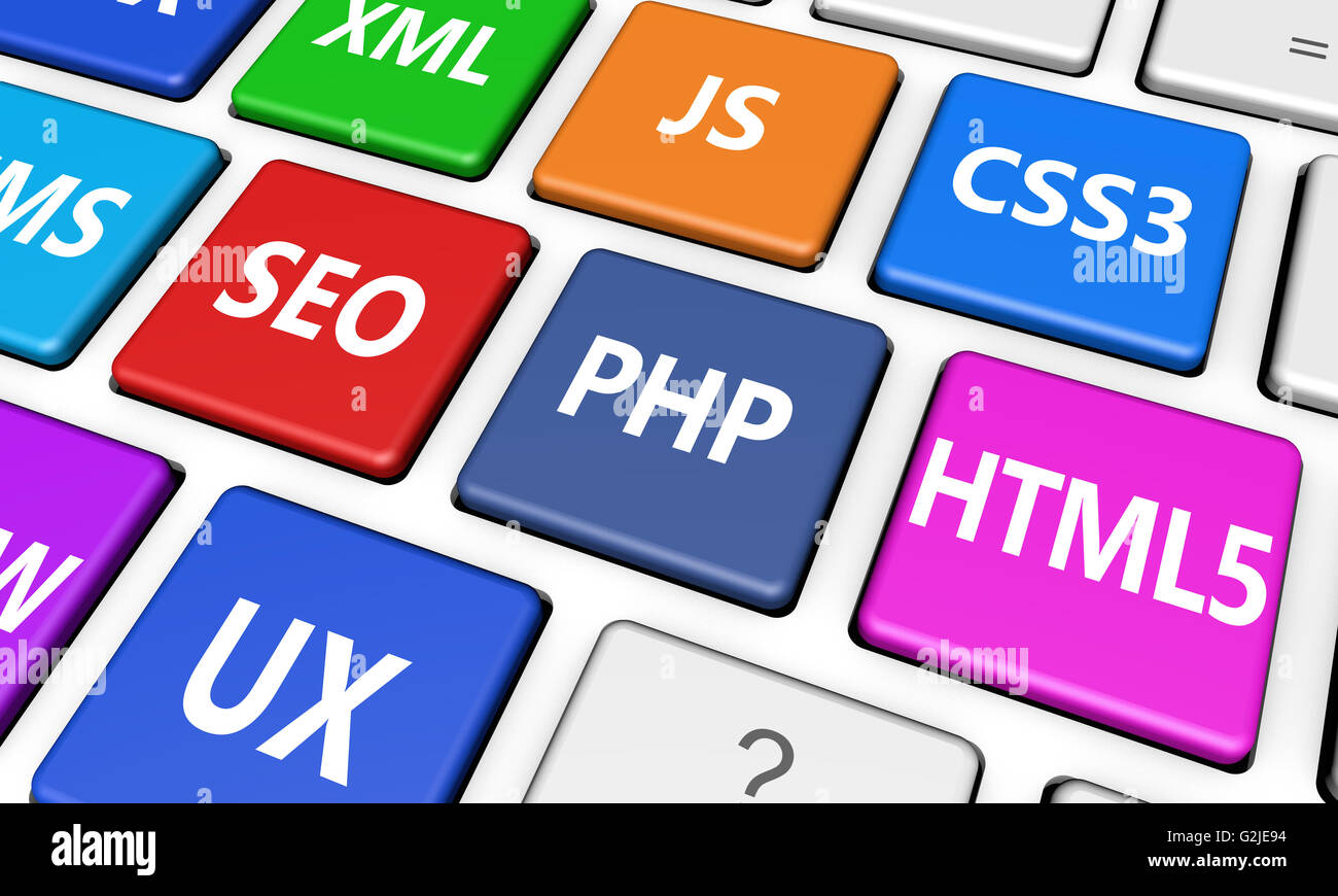 Web design, Internet and SEO concept with programming language sign on colorful computer keyboard buttons. Stock Photo