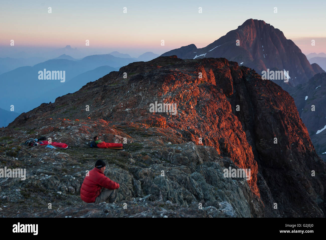 Climbers atop King's Peak in Central Strathcona Park take in setting