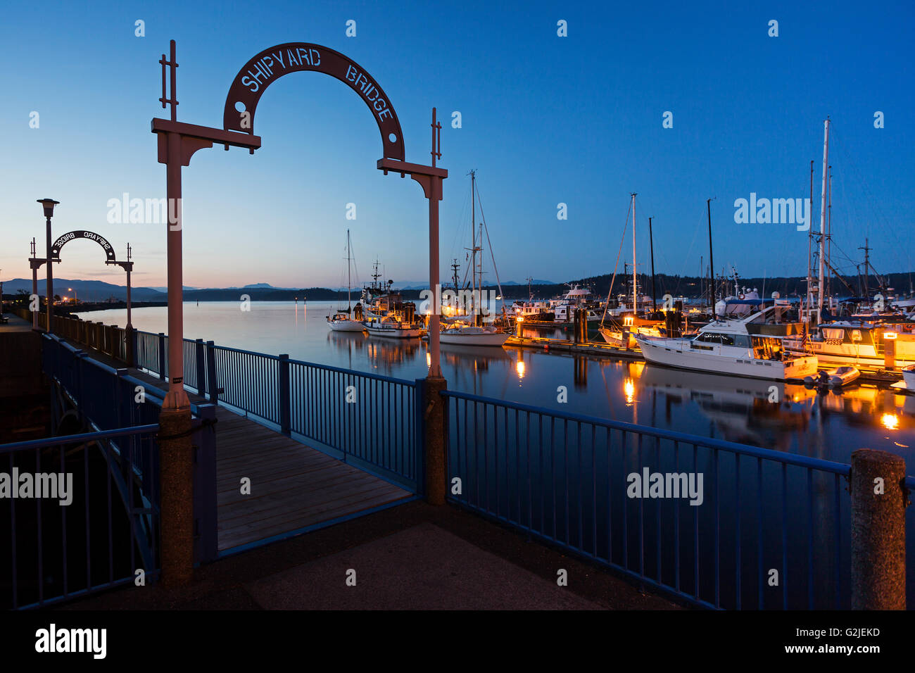 Nighttime scenic Campbell River marina shipyard bridge waterfront