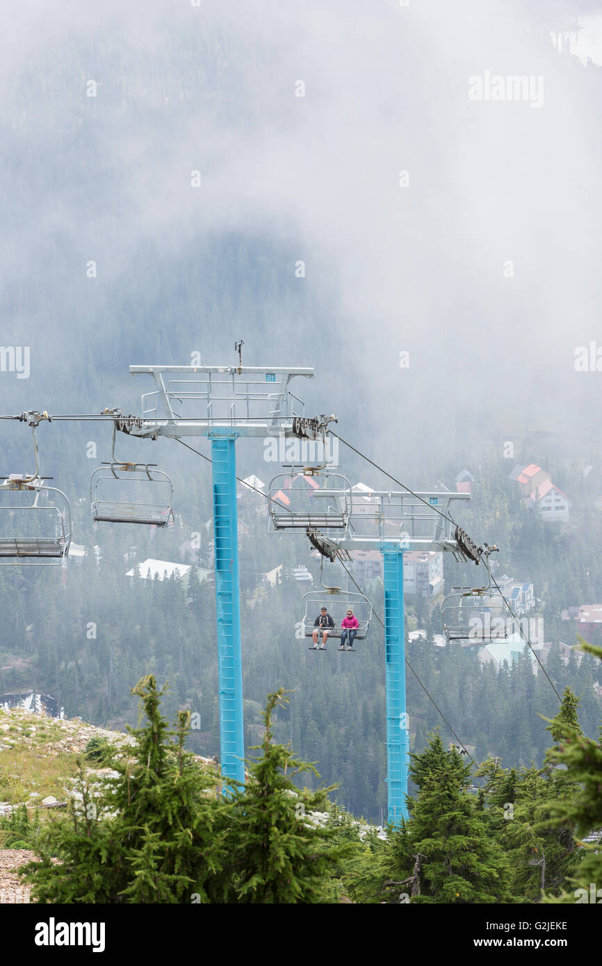 Summertime Visitors Mt Washington ride up Eagle chairlift village a backdrop Mt Washington Vancouver Island British Columbia Stock Photo