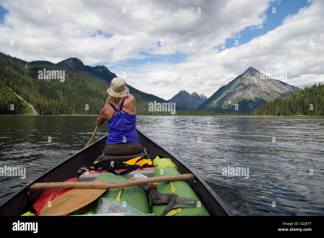 Canoeing and camping on the north arm of Murtle Lake. Wells Gray Provincial Park. Blue River, British Columbia. Canada Stock Photo