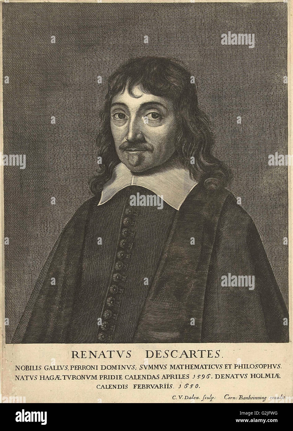 Portrait of René Descartes, Cornelis van Dalen (I), Cornelis Banheyning, 1650 - 1665 Stock Photo