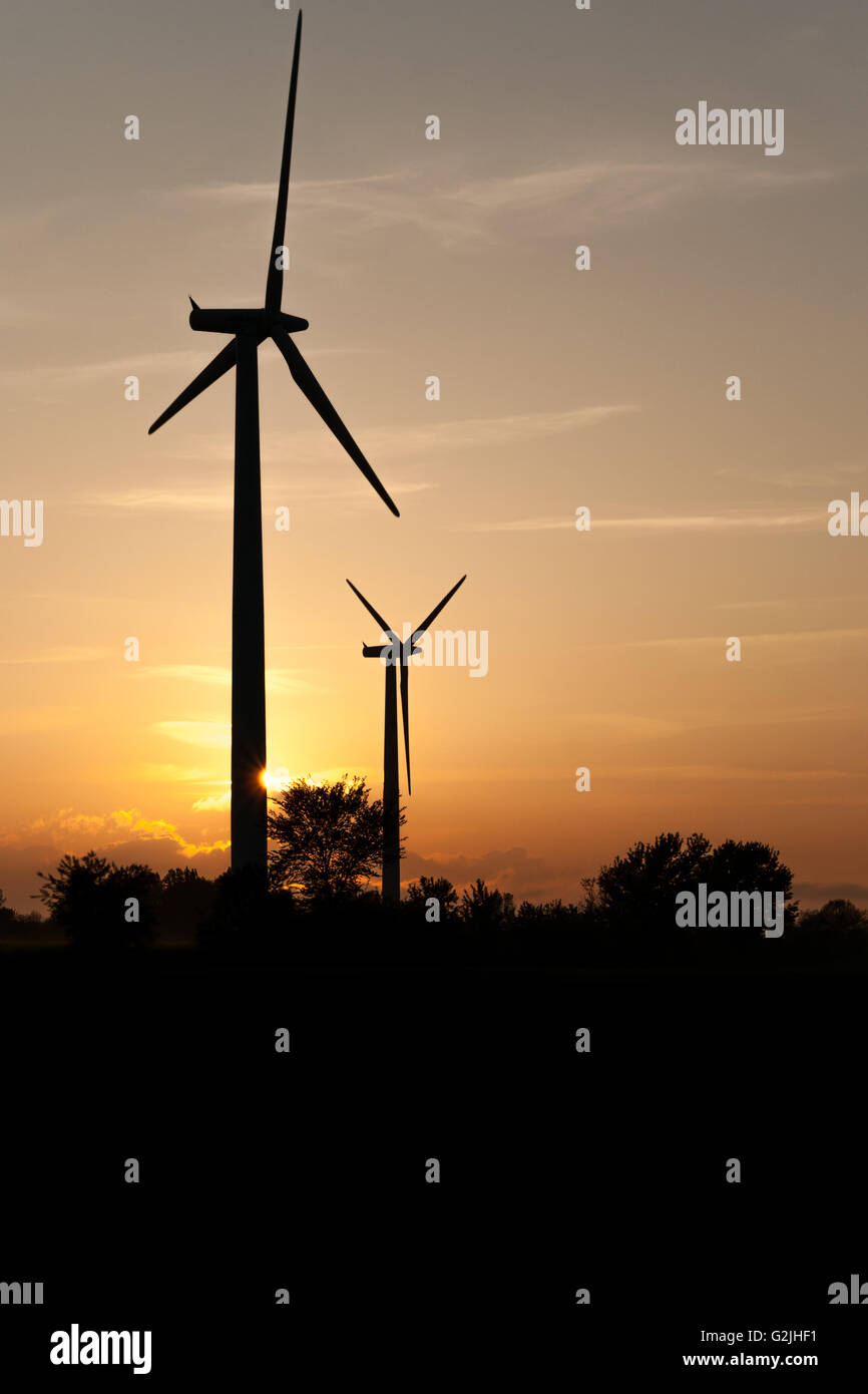Silhouette of Wind Turbines in the evening Light Stock Photo - Alamy