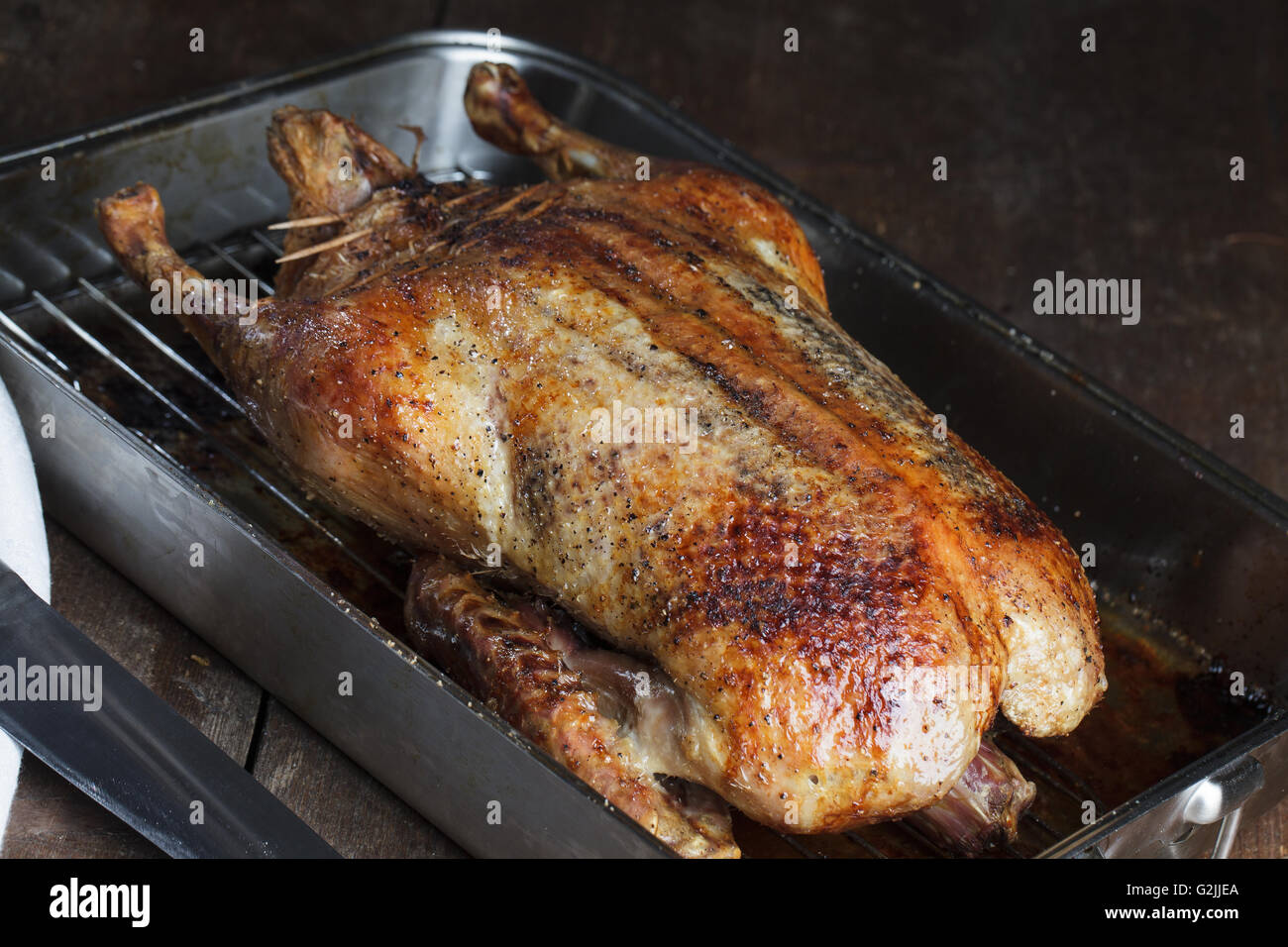 Crispy roasted Barbery Duck in in roasting pan ready for serving Stock