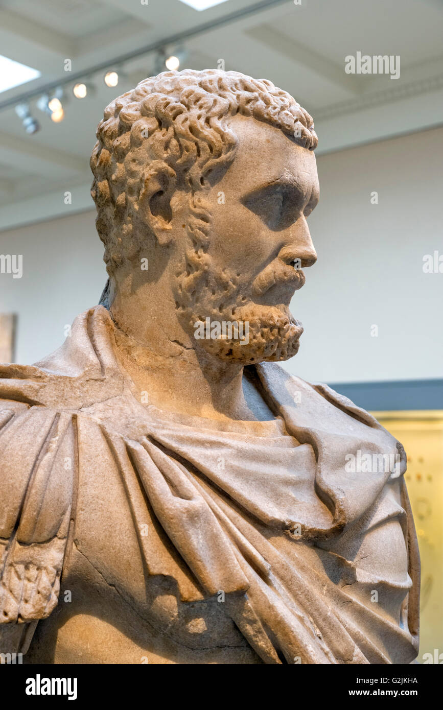 Marble portrait statue of the emperor Septimius Severus in military dress (AD 145 - 211), twenty-first Emperor of the Roman Empire (AD 193 to 211), date of statue c. AD 193-200, British Museum, Bloomsbury, London, England, UK Stock Photo