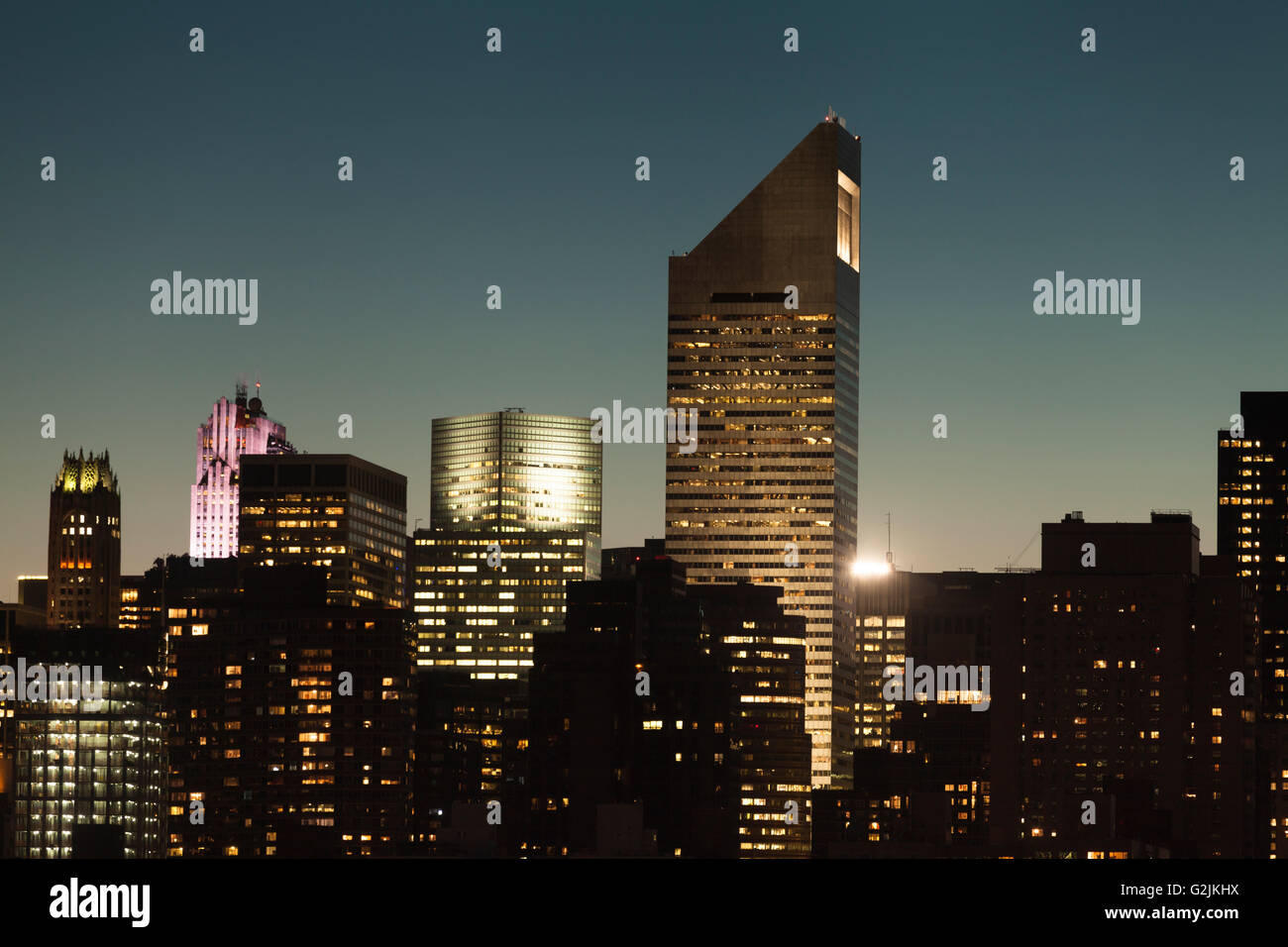Manhattan cityscape detail with modern skyscrapers and business buildings during twilight in New York City, USA. Stock Photo