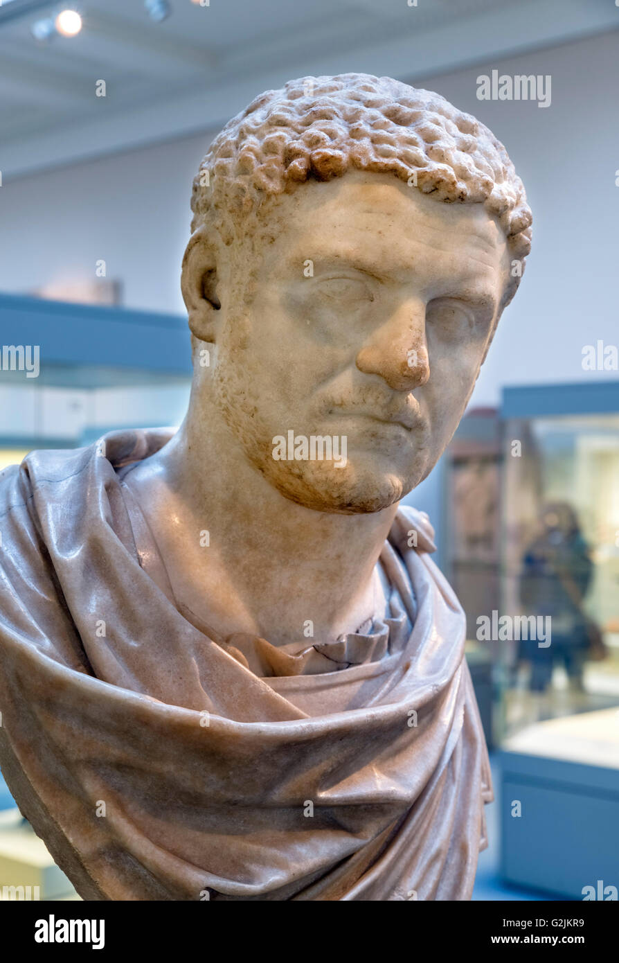 Marble head of the emperor Caracalla (AD 188 - 217), joint twenty-second Emperor of the Roman Empire (AD 198–217), date of statue c. AD 215-217, British Museum, Bloomsbury, London, England, UK Stock Photo