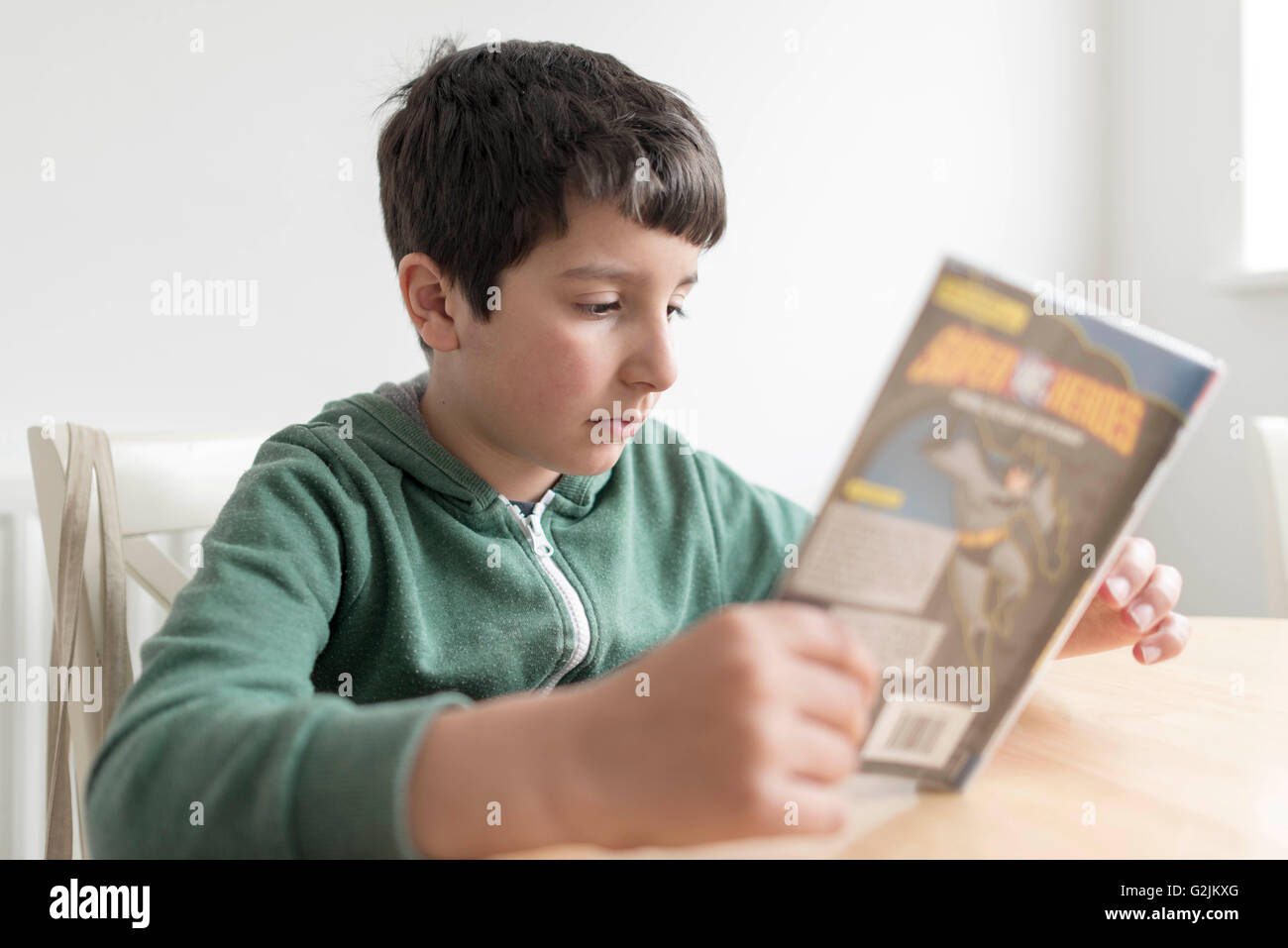 Young boy reading  library book at home Stock Photo