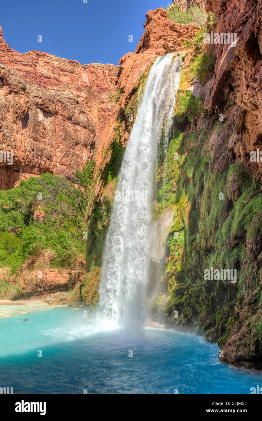 Partial Shade on Havasu Falls on the Havasupai Indian Reservation in the Grand Canyon. Stock Photo