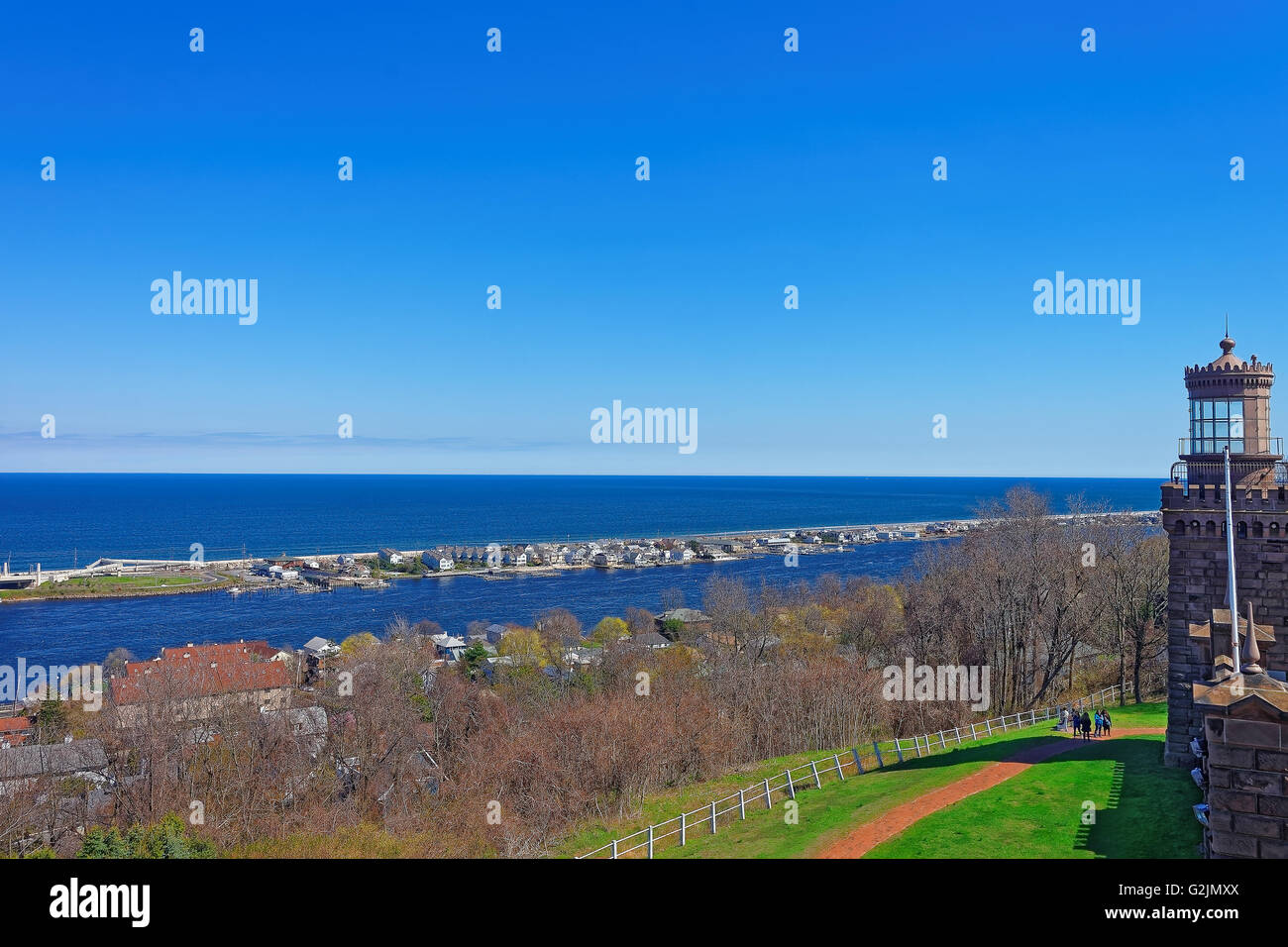 Houses and Atlantic Ocean shore from light house at Sandy Hook. Sandy