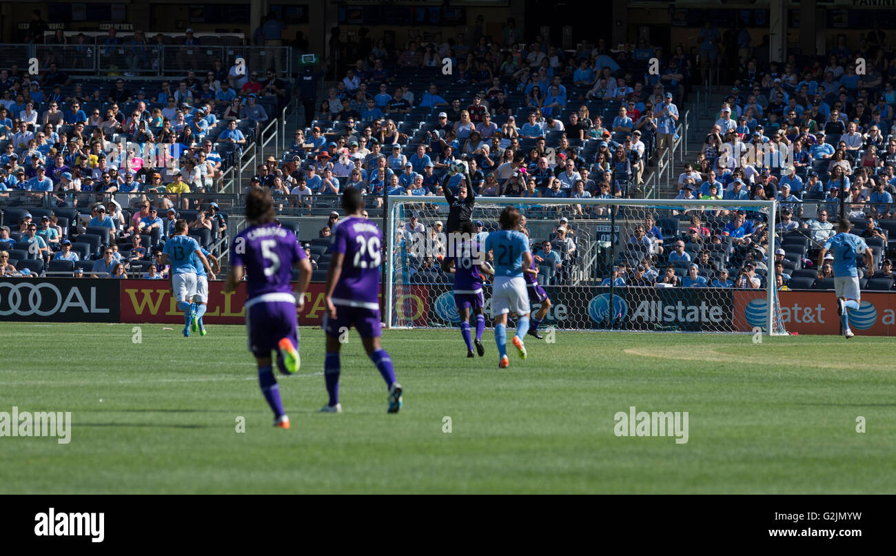 New York, NY USA - May 29, 2016: Goalkeeper Josh Saunders of NYC FC saves goal during MLS match against Orlando City SC on Yankee stadium Stock Photo