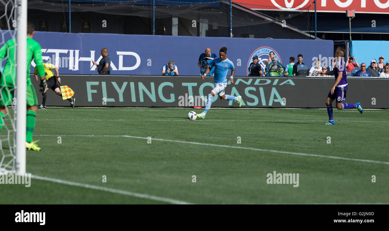 New York, NY USA - May 29, 2016: Khiry Shelton (19) of NYC FC controls ball during MLS match against Orlando City SC on Yankee stadium Stock Photo