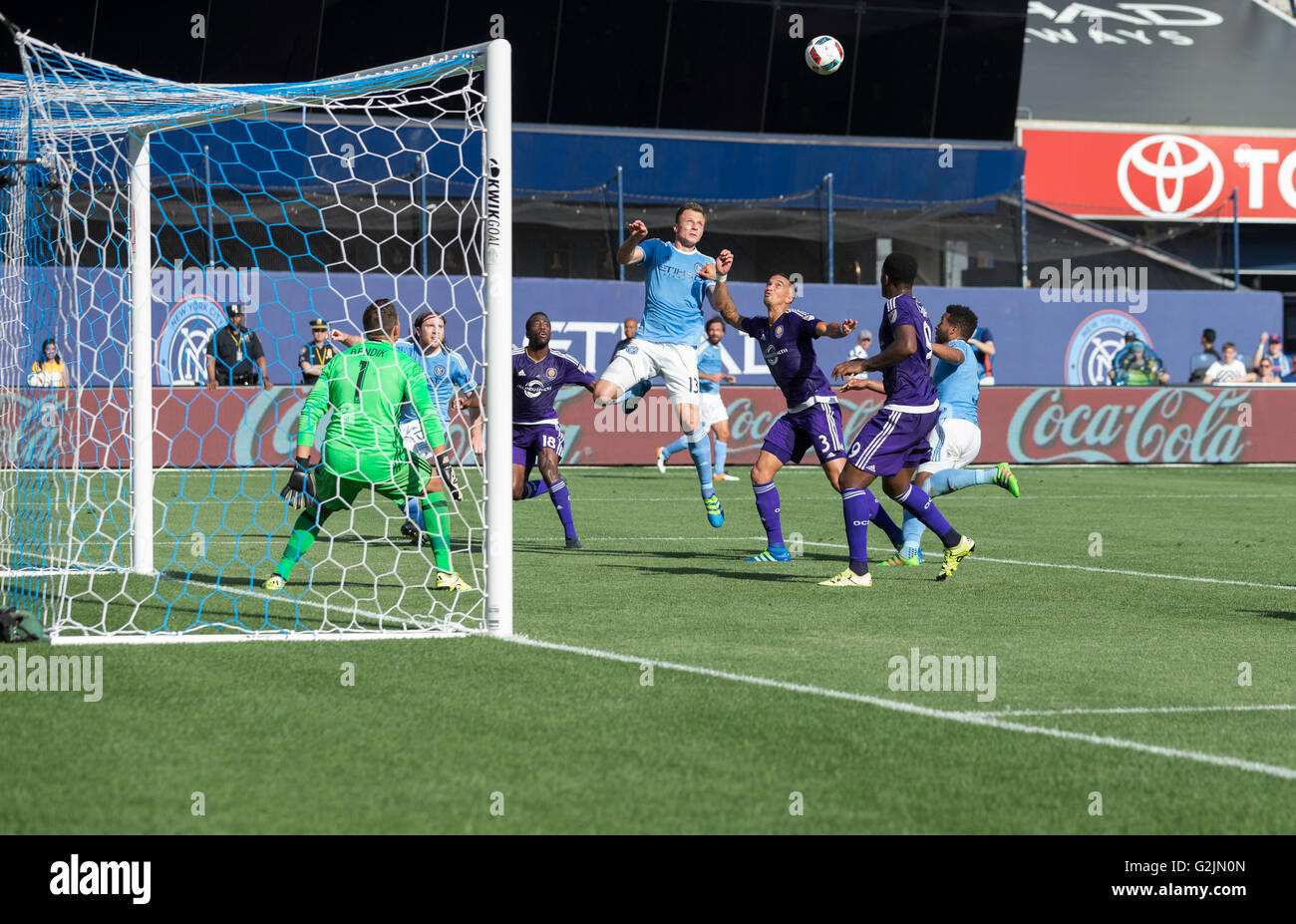 New York, NY USA - May 29, 2016: Frederic Brillant (13) of NYC FC scores goal during MLS match against Orlando City SC on Yankee stadium Stock Photo