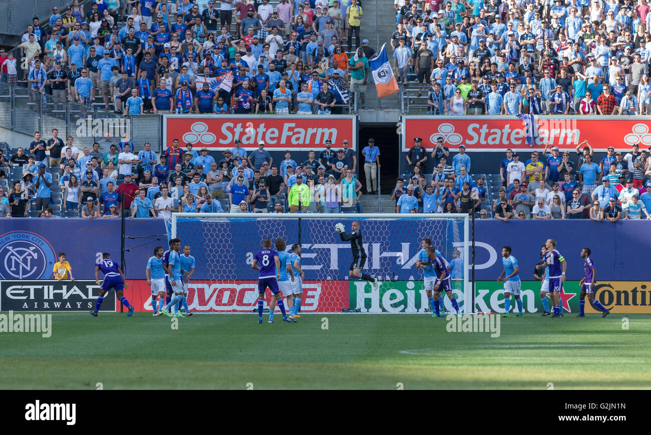 New York, NY USA - May 29, 2016: Goalkeeper Josh Saunders of NYC FC saves goal during MLS match against Orlando City SC on Yankee stadium Stock Photo